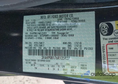 2006 Ford Fusion Sel из США, поврежденный, VIN 3FAHP08176R125927